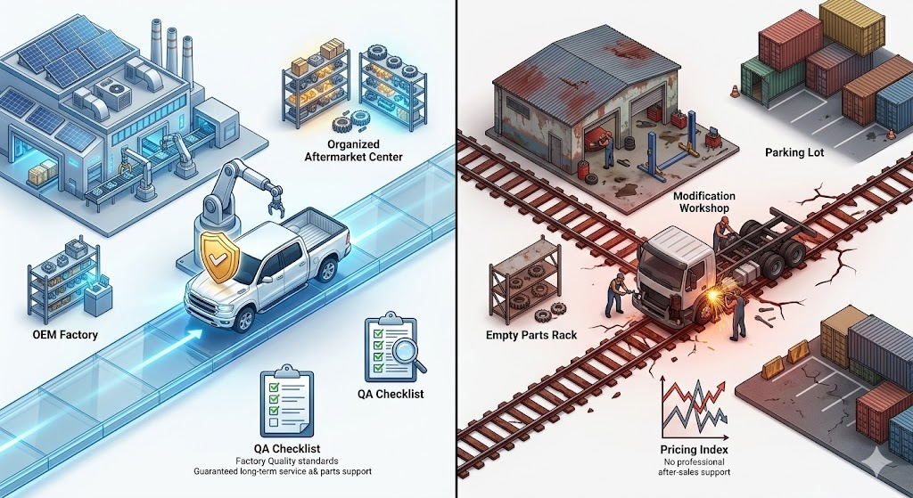 The Authorized Channel: OEM Quality & Lifecycle Certainty
Buying through authorized channels guarantees vehicles built and tested to strict factory Quality Control (Q.C.) standards. Pricing is transparent and fair. More importantly, you are backed by a guaranteed supply of genuine OEM parts and professional after-sales support. We deliver the supply chain stability and predictability your business needs for long-term success.The Grey Market: The Illusion of Savings
Unauthorized traders and modification shops often cut corners to offer slight upfront discounts. These vehicles bypass strict OEM quality control and completely lack reliable factory warranties or parts supply. Any initial savings will quickly be wiped out by sudden breakdowns, expensive repairs, and massive downtime. In commercial operations, hidden costs always catch up.